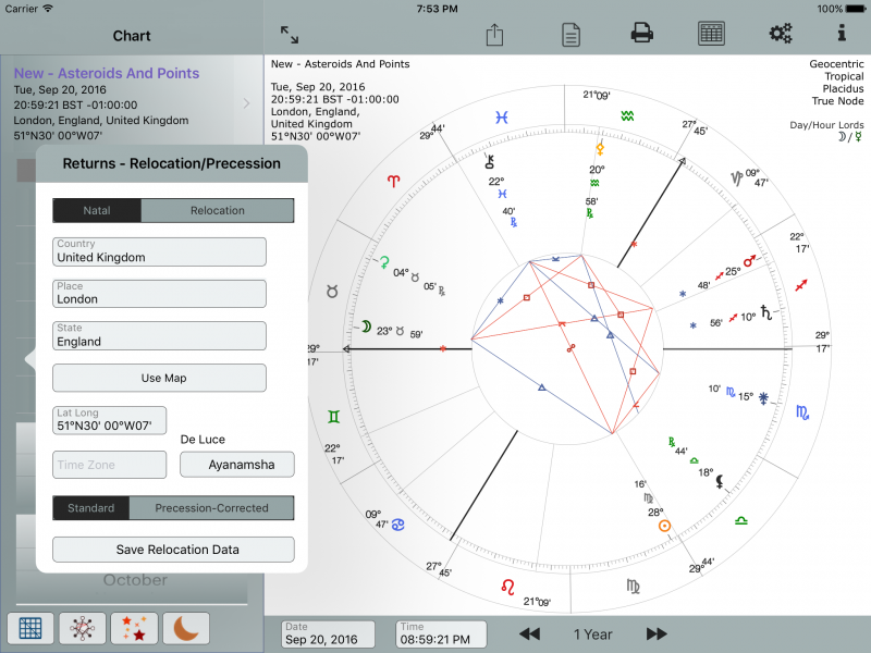 Long Press Solar Or Lunar Return Button shows Relocation/Precession popover